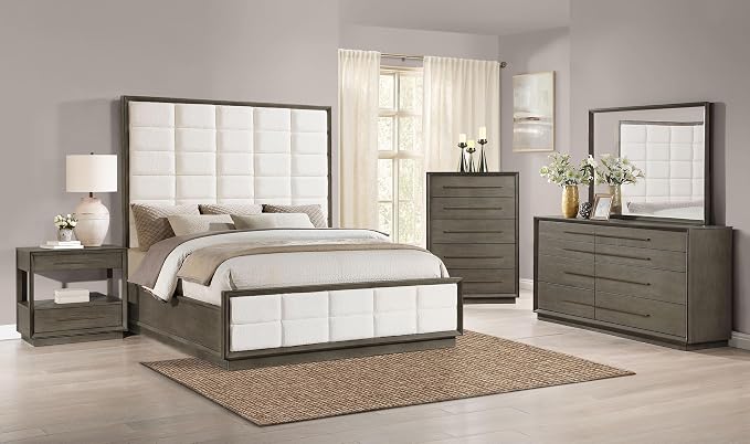 Coaster Home Furnishings Durango Transitional 5-Piece Bedroom Set Boucle Upholstered Eastern King Size Panel Bed Frame 80-inch Headboard Washed Oak 223271KE-S5