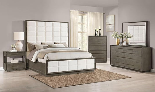 Coaster Home Furnishings Durango Transitional 5-Piece Bedroom Set Boucle Upholstered Eastern King Size Panel Bed Frame 80-inch Headboard Washed Oak 223271KE-S5
