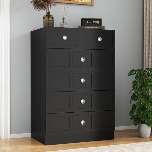 6 Drawer Dresser for Bedroom: 24" Fluted Black Dresser Deep Drawers, Modern Chest of Drawers for Bedroom, Fluted Wood Dressers for Living Room, Hallway (Black, 24")