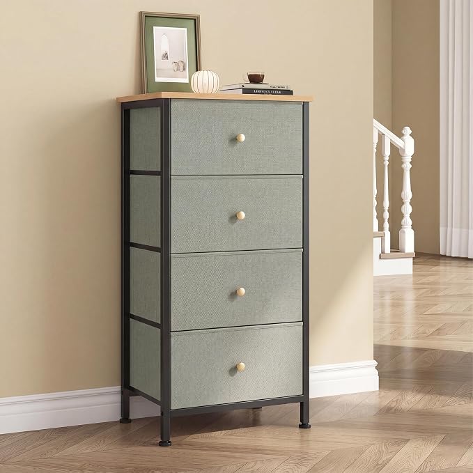 DUMOS Nightstand with 4 Drawers Bedside Table with Removable Fabric Bins Sturdy Steel Frame Wood Top Organizer Furniture for Bedroom Closet Living Room, Greyish Green