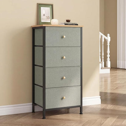 DUMOS Nightstand with 4 Drawers, Bedside Table with Removable Fabric Bins, Sturdy Steel Frame Wood Top Organizer Furniture for Bedroom Closet Living Room, Ink Green
