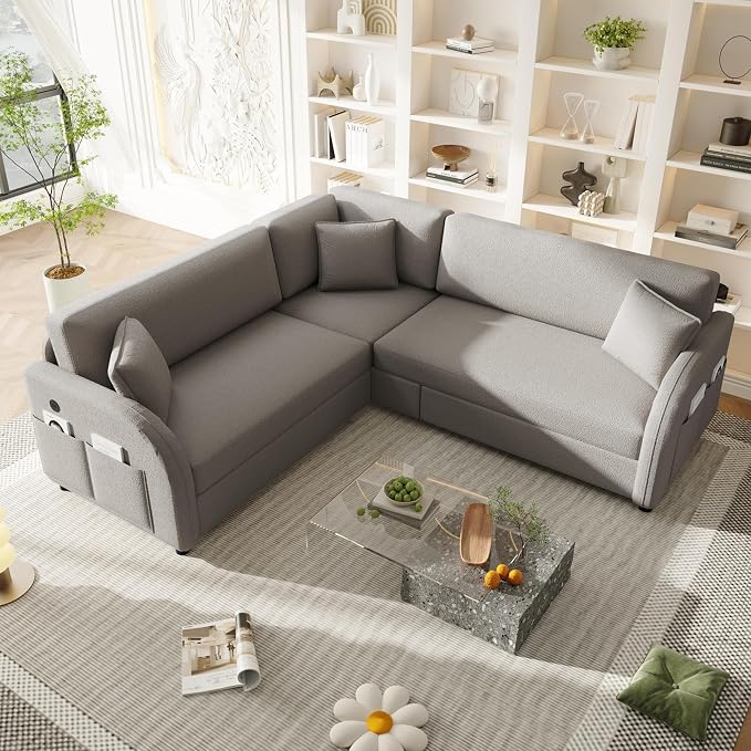 85.1" L-Shaped Pull Out Sofa Bed – Oversize Convertible Sleeper Couch with USB Ports & Side Storage, Teddy Upholstered Sectional for Living Room & Bedroom, Light Grey