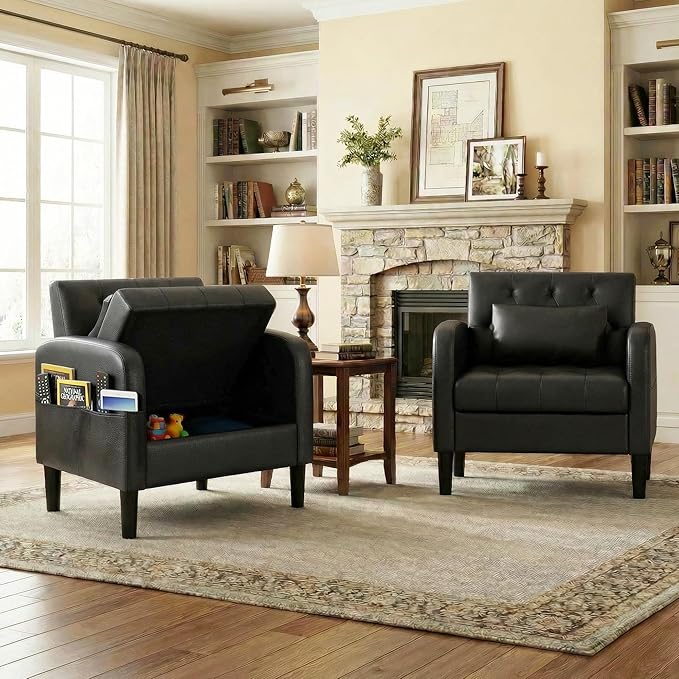 TYBOATLE Leather Chairs w/Storage, Comfy Modern Living Room Chairs, Black Accent Chair Set of 2 for Reading, Armchair for Bedroom, Waiting Room, Office