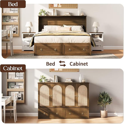 Yoobure Queen Murphy Bed with Charging Station - Rattan Queen Bed Frame with Storage Drawers, Wood Cabinet Beds for Guest Bedroom, Living Room, Office, Farmhouse Hideaway Beds with Foldable Platform