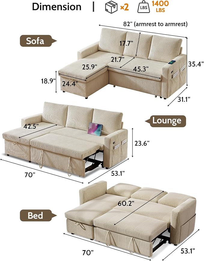 WEUP 82" L Shaped Sectional Sleeper Sofa Bed with Pull Out Bed, Sectional Sleeper Couch Pull Out Couch with Reclining Backrest/Reversible Storage Chaise/USB Ports/Tool-Free Assembly, Corduroy Beige