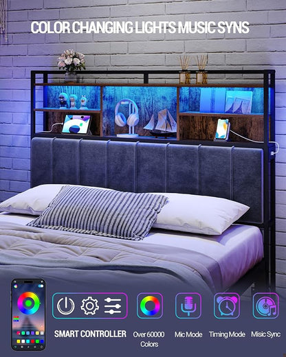 Hzuaneri Headboard with 3-Tier Storage Shelves, Velvet Upholstered Head Board with 2 Outlets, USB Ports & LED Light, Soft Backrest for Queen Size Bed, Rustic Brown and Black BH15201BV1