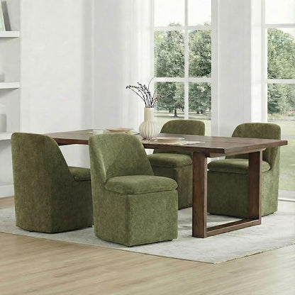 KISLOT Upholstered Dining Chairs Set of 4 with Casters, Modern Side Armless Deskchair with Washable Slipcover & Sturdy Metal Frame for Diningroom Bedroom Livingroom Reading Room, Green Fabric