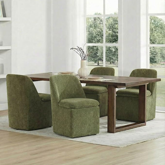 KISLOT Upholstered Dining Chairs Set of 4 with Casters, Modern Side Armless Deskchair with Washable Slipcover & Sturdy Metal Frame for Diningroom Bedroom Livingroom Reading Room, Green Fabric