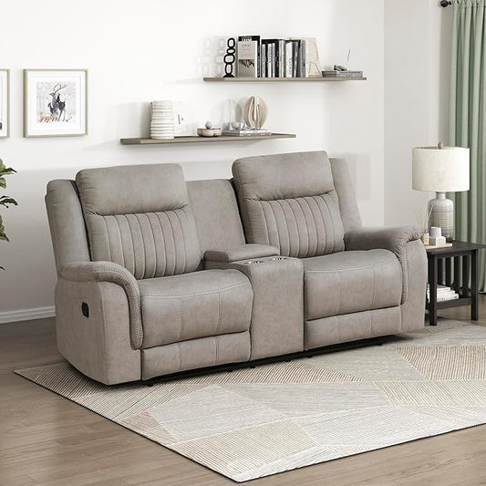 Lexicon Manual Double Reclining Loveseat, Polished Microfiber Manual Wall Hugger Loveseat Recliner for Living Room, Center Storage Console/Cup Holders, Easy Assembly, Dove
