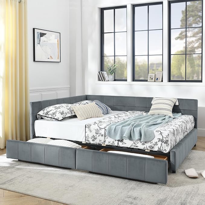Bellemave Queen Size Corner Bed Frame with Storage Drawers, Comfortable Backrest and Armrests, Velvet Tufted Corner Bed Frame Queen Size, Upholstered Daybed for Bedroom, Living Room, Guest Room, Gary