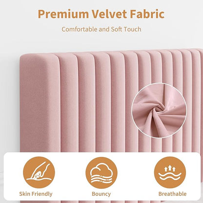 IDEALHOUSE Twin Bed Frame with Adjustable Headboard, Velvet Upholstered Platform Bed Frame Twin Size, Vertical Channel Tufted, Strong Wooden Slats, No Box Spring Needed, Easy Assembly, Pink