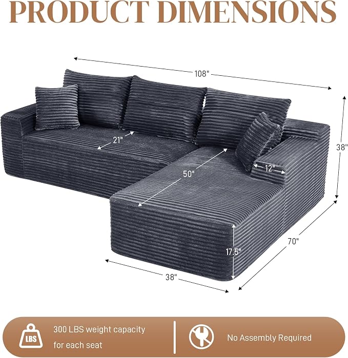 108" L Shaped Cloud Boneless Sectional Couches for Living Room, Modern Comfy Modular Deep Seat Memory Foam Compressed Corduroy Sofa Oversized Right Facing Chaise, No Assembly Required, Grey