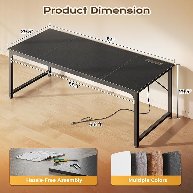 PRAISUN 63 X 30 Inch Extra Deep Desk with Power Outlets | Long Computer Desk for Bedroom, Office Desk for Work from Home, Writing Study Gaming Table, Stable Metal Frame, Black