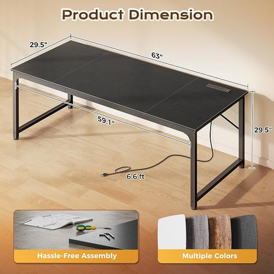 PRAISUN 63 X 30 Inch Extra Deep Desk with Power Outlets | Long Computer Desk for Bedroom, Office Desk for Work from Home, Writing Study Gaming Table, Stable Metal Frame, Black