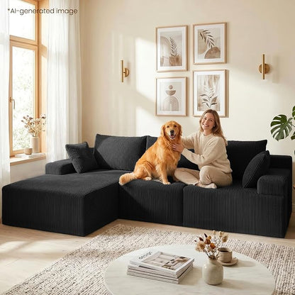 kinmars 108" Boneless Sectional Couch,Corduroy Cloud Couch Sectional for Living Room,Modern L Shaped Modular Sectional Couch,3 Seater Sofa (Black, 108.9" L Shaped with Left Facing Chaise)
