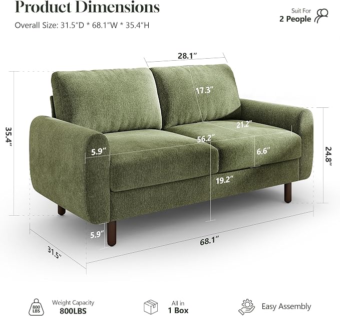 WorthFurni 68" Loveseat Sofa, Comfy Chenille Fabric Couches for Living Room with Spring Cushion and Solid Wood Frame, Modern Deep Seat Couch for Bedroom, Apartment, Office, Easy Assembly,Green