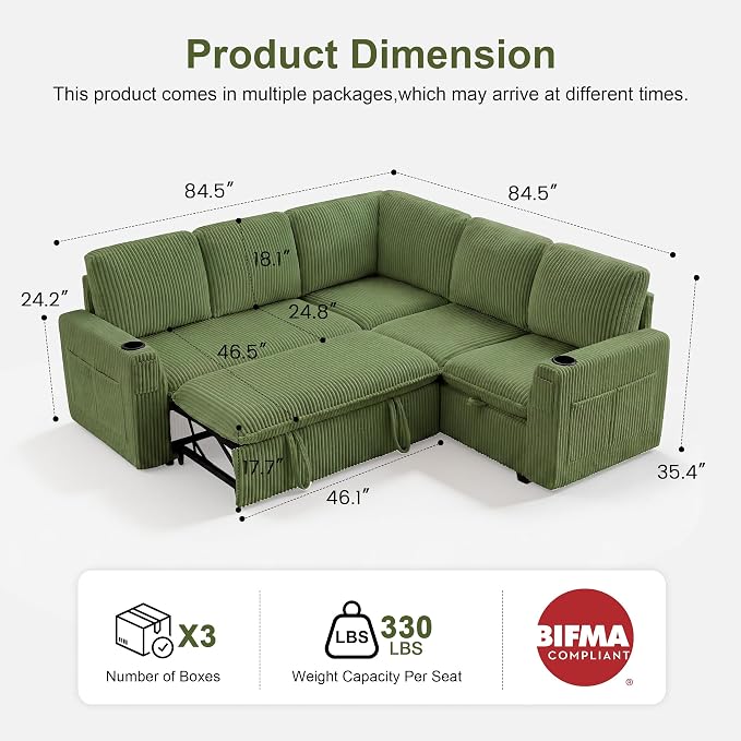 Sectional Sleeper Sofa with Pull Out Bed, Plush Corduroy 5 Seat Modular Sectional Sofa with Storage Chaise and Adjustable Backrest, Cloud Couches for Living Room, Apartment, Green