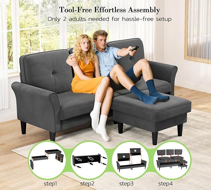 Kidirect Small Sectional Couch, 83" L Shaped Couch, Comfy Velvet Couches for Living Room, Tool-Free Setup Modular Sectional Sofa, 850lbs Load Sofas for Living Room with 1 Movable Ottoman, Grey Couch