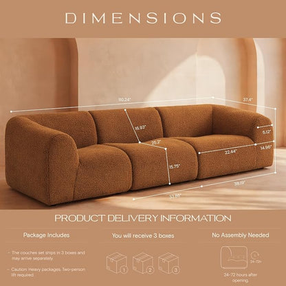Vothio Curved Sectional Modular Couch with Chaise, Modern 110.24'' Boneless Sofa with Deep Seat, Sherpa Boucle Cloud Couch for Living Room, Cozy Teddy 3 Seater Couches，No Assembly, Brown