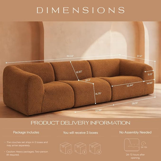 Vothio Curved Sectional Modular Couch with Chaise, Modern 110.24'' Boneless Sofa with Deep Seat, Sherpa Boucle Cloud Couch for Living Room, Cozy Teddy 3 Seater Couches，No Assembly, Brown