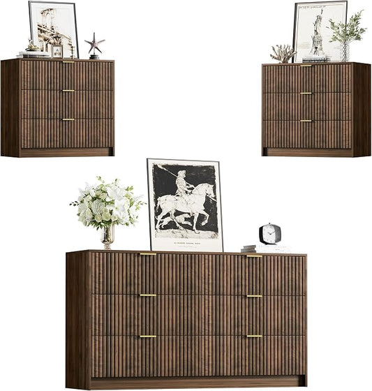 Furniway 3 Piece Bedroom Set, 6 Drawer Dresser and 3-Drawer Nightstand Set of 2 with Gold Handles, Mid-Century Modern Wood Chest of Drawers Storage Cabinet for Bedroom, Walnut