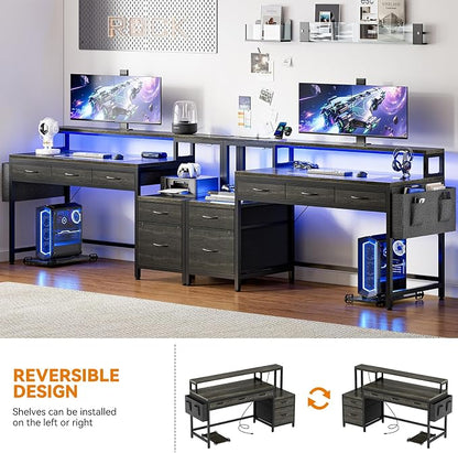 REAHOME 61 Inch Gaming Desk with Charging Station and LED Lights, Reversible Computer Desk with Storage Drawer and Monitor Stand, Modern Desk Table with File Cabinet & Side Pocket, Grey Oak