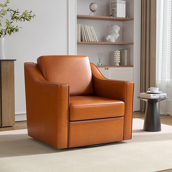 Faux Leather Swivel Accent Chair, 360° Swivel Upholstered Club Armchairs for Living Room, Comfy Single Sofa Reading Chair with Deep Seat, Metal Swivel Base, Light Brown