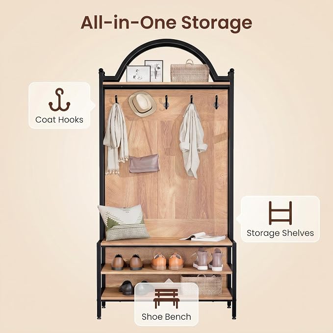 72" Farmhouse Hall Tree with Bench and Shoe Storage, Entryway Coat Rack with 5 Hooks, Arched Hall Tree with Shoe Rack Organizer, Rustic Wood & Metal Frame for Entryway, Mudroom, Foyer