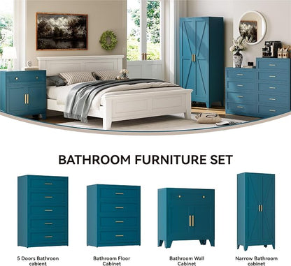 YAUWOH Farmhouse Wardrobe Cabinet,Metal Wardrobe Closet with Hanging Rod,Metal Armoire with Adjustable Shelves for Bedroom,Cloak Room,Office (Blue)
