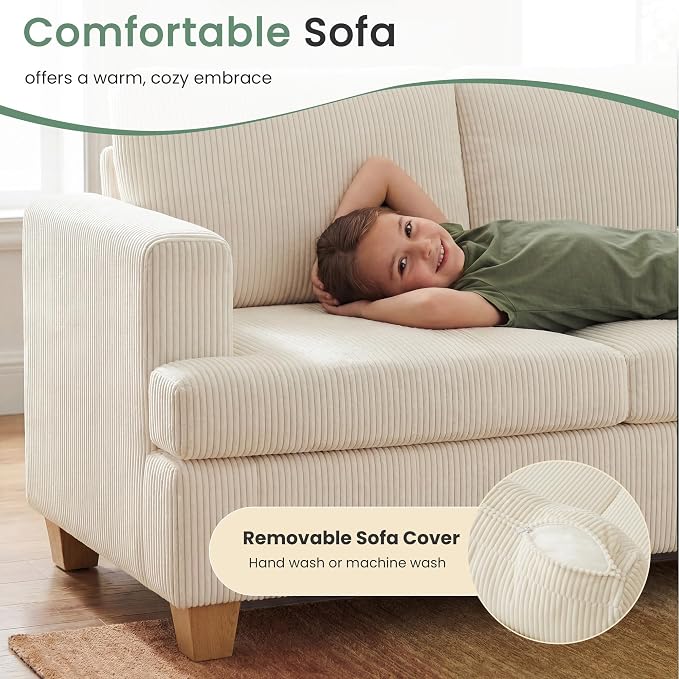 YOUDENOVA 63" Corduroy Sofa Couch Loveseat for Living Room, Small Seep Seat Loveseat Sofa for Bedroom, Comfy Chenille Couch for Small Spaces, White Corduroy