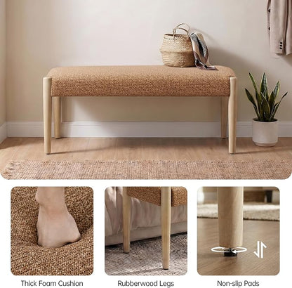 Usaint 42" End of Bed Bench, Modern Upholstered Bedroom Bench with Rubberwood Legs, Entryway Bench with Cushion, Dining Bench for Living Room, Bedroom, Orange with Oak Leg