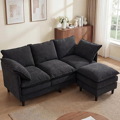 3 Seater L-Shape Couch Sofa with Ottoman, 69" Small Couch Modern Comfy Cloud Chenille Sofa 23" Deep with Washable Pillow Cover Couches for Living Room Bedroom Apartment Office 69-Black-L
