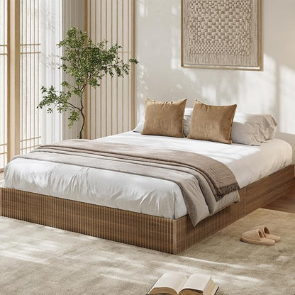 Garvee King Bed Frame, Wood Platform Bed with Fluted Design, Low Profile BedFrame, Minimalist Bed Base with Noise-Free, Easy Assembly, No Box Spring Needed, Walnut