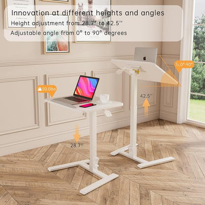alawooder 25" Mobile Folding Desk: Pneumatic Sit-Stand, No Assembly | 29-42" Height Adjustable Rolling Laptop Desk, Hidden Wheels, 0-90° Tilt Top. Ideal for Home Office, Craft & Study.