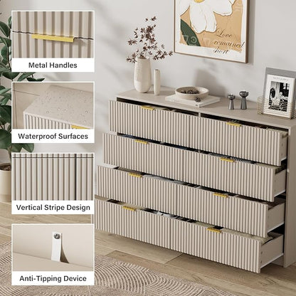 Furniway Beige Dresser for Bedroom, Modern Dresser with 8 Drawers and Smooth Slides, Wide Chest of Drawers with Golden Handles for Bedroom, Closet, 15.7" D x 55" W x 37.4" H