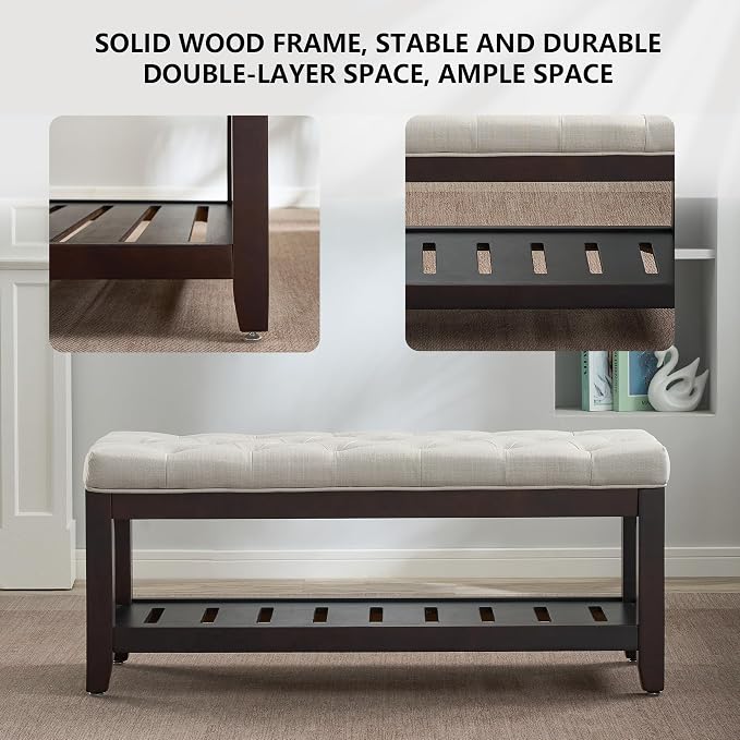 adochr Linen Large Rectangular Ottoman with Storage, Upholstered Entryway Bench for Living Room, Oversized Button Tufted Ottoman with Wood Shelf Storage, Beige