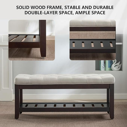 adochr Linen Large Rectangular Ottoman with Storage, Upholstered Entryway Bench for Living Room, Oversized Button Tufted Ottoman with Wood Shelf Storage, Beige