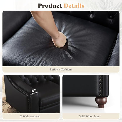 AMERLIFE 80" Leather Sofa, Modern Chesterfield Genuine Leather Sofa, Tufted 3 Seater Black Leather Couch with Curved Arms, Leather Couches for Living Room