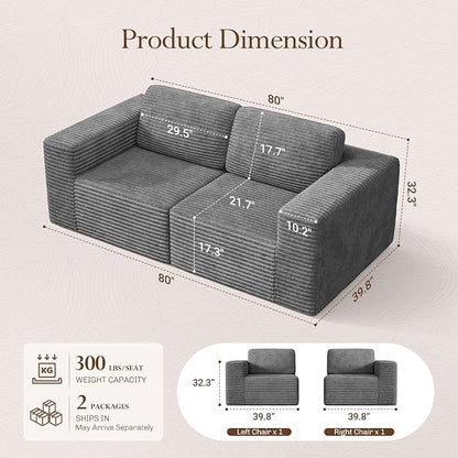 Vesgantti 80" Modular Sectional Sofa, Corduroy Cloud Couch with Deep Seating & Spring Support, 2 Seater Compact Modular Couch, Boneless Sectional Sofa for Small Spaces, No Assembly Required, Grey