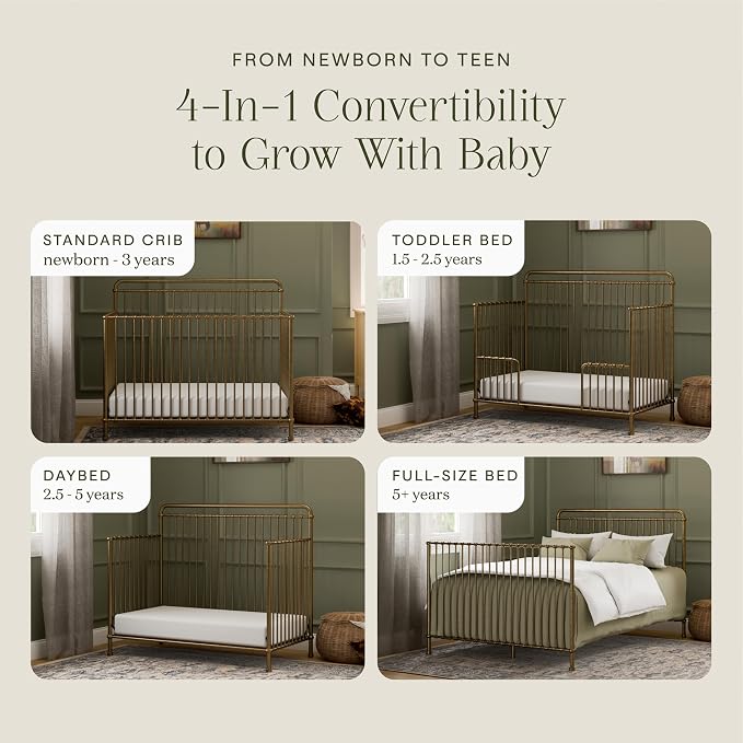 Namesake Winston 4-in-1 Convertible Crib - GREENGUARD Gold Certified Metal Baby Crib Convertible to Toddler Bed, Daybed, Full Size Bed w/ 4 Mattress Heights - Vintage Gold Bedside Crib for Baby