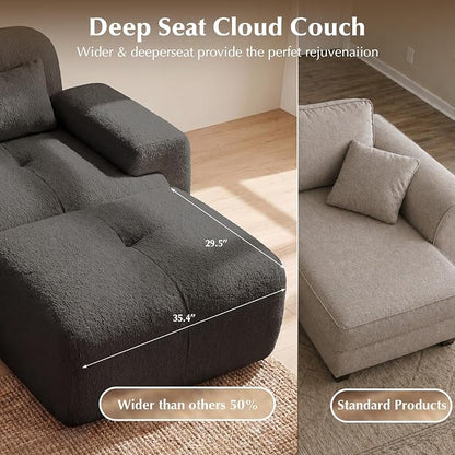 118'' Modular Sectional Cloud Couch Boneless Couches, Oversize Curved Sectional Couches for Living Room, Deep Seat Couch Lambswool Sofa with Ottoman & Throw Pillows, No Assembly, HR Foam