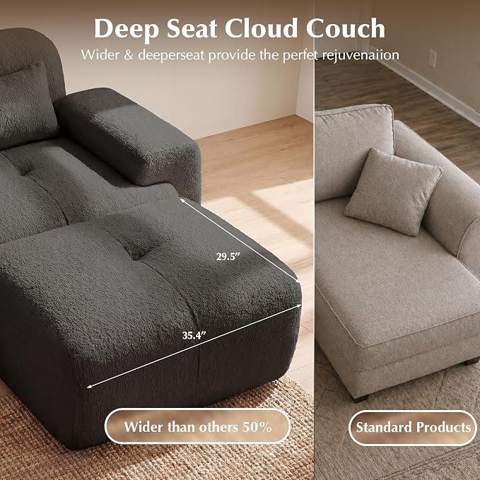118'' Modular Sectional Cloud Couch Boneless Couches, Oversize Curved Sectional Couches for Living Room, Deep Seat Couch Lambswool Sofa with Ottoman & Throw Pillows, No Assembly, HR Foam