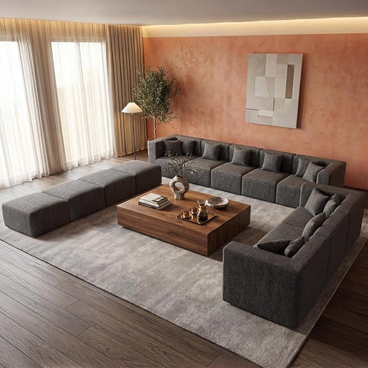 MONVANE Modular Sectional Sofa, Oversized 12 Seat Convertible U Shaped Couch with Ottoman, Comfy Chenille Cloud Couch with Deep Seat, Sectional Couches for Living Room, No Assembly Required, Grey
