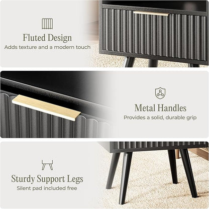 Huuger Nightstand with Charging Station, USB-C Port, Fluted Night Stand with Drawer, Bed Side Table with Solid Wood Feet, Open Storage, End Table with Raised Edge, for Bedroom, Black