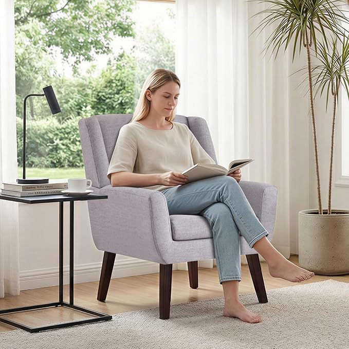 HUIMO Accent Chair Living Room Chair, Upholstered Button Tufted Armchair, Linen Fabric Sofa Chairs for Bedroom, Living Room, Mid Century Modern Comfy Reading Chair (Light Grey)