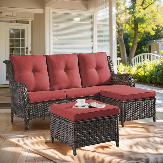 Outdoor Patio Furniture - 3 Seater Outdoor Rattan Wicker Sofa Patio Couch with Ottoman for Porch Deck Garden Backyard - Brown/Red