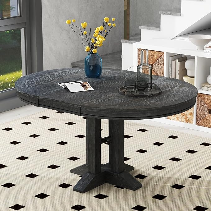 Ball & Cast Farmhouse Extendable Dining Table for 4-6, 42"-56" Extendable Kitchen-Table with a 14" Leaf, Round Ellipse Retro Wood Dining Room-Table w/Removable Leaves,Space Saving, Espresso