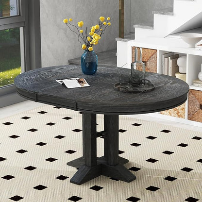 Ball & Cast Farmhouse Extendable Dining Table for 4-6, 42"-56" Extendable Kitchen-Table with a 14" Leaf, Round Ellipse Retro Wood Dining Room-Table w/Removable Leaves,Space Saving, Espresso