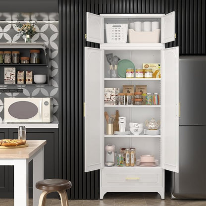 SteeLoong Kitchen Pantry Cabinet，90" Storage Cabinets with Doors and Shelves,Metal Pantry Cabinet with Drawers,White Kitchen Cupboard for Livingroom,Pantry, Bathroom