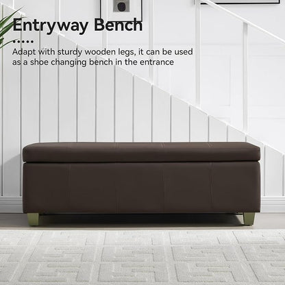 WUTUTUEE 51" Faux Leather Storage Ottoman, Stitch Tufted Rectangle Upholstered End of Bed Storage Bench, Entryway Large Couch Ottoman with Wooden Legs,Brown